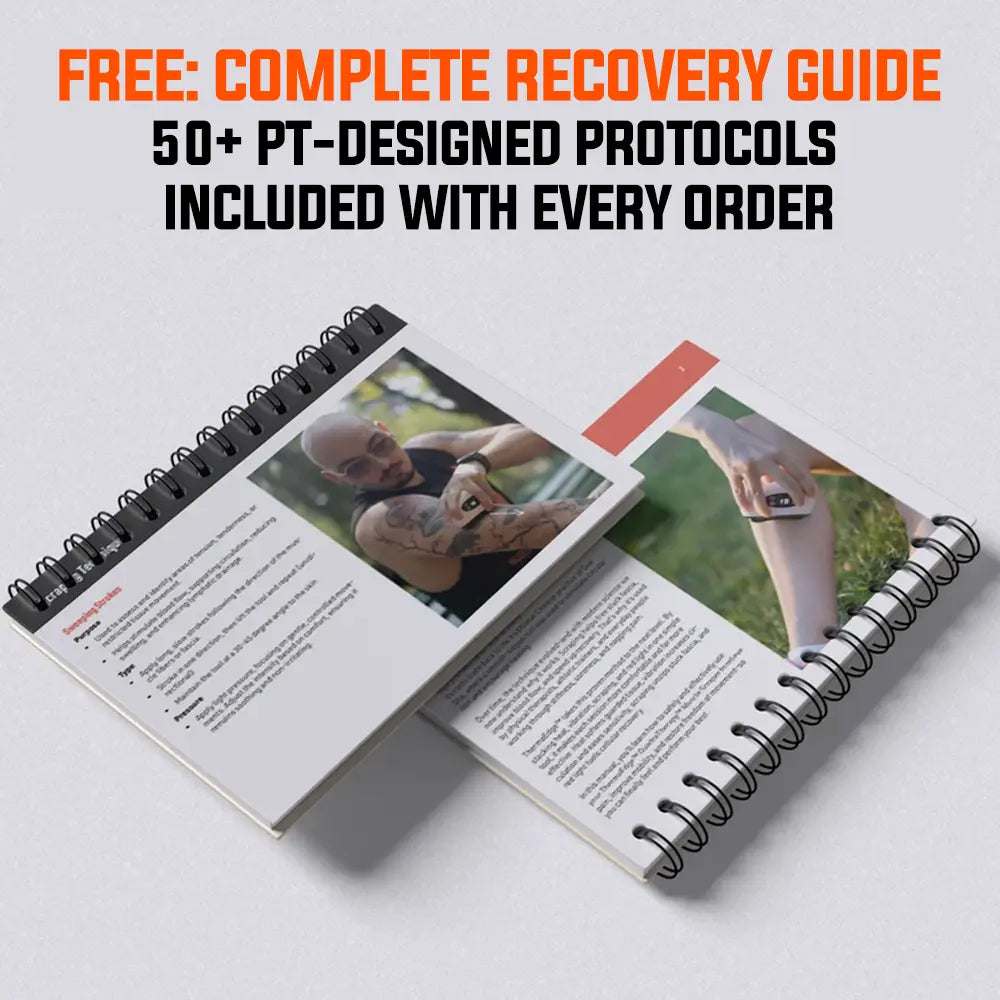 Open spiral-bound recovery guide with photos and exercise instructions on white pages.