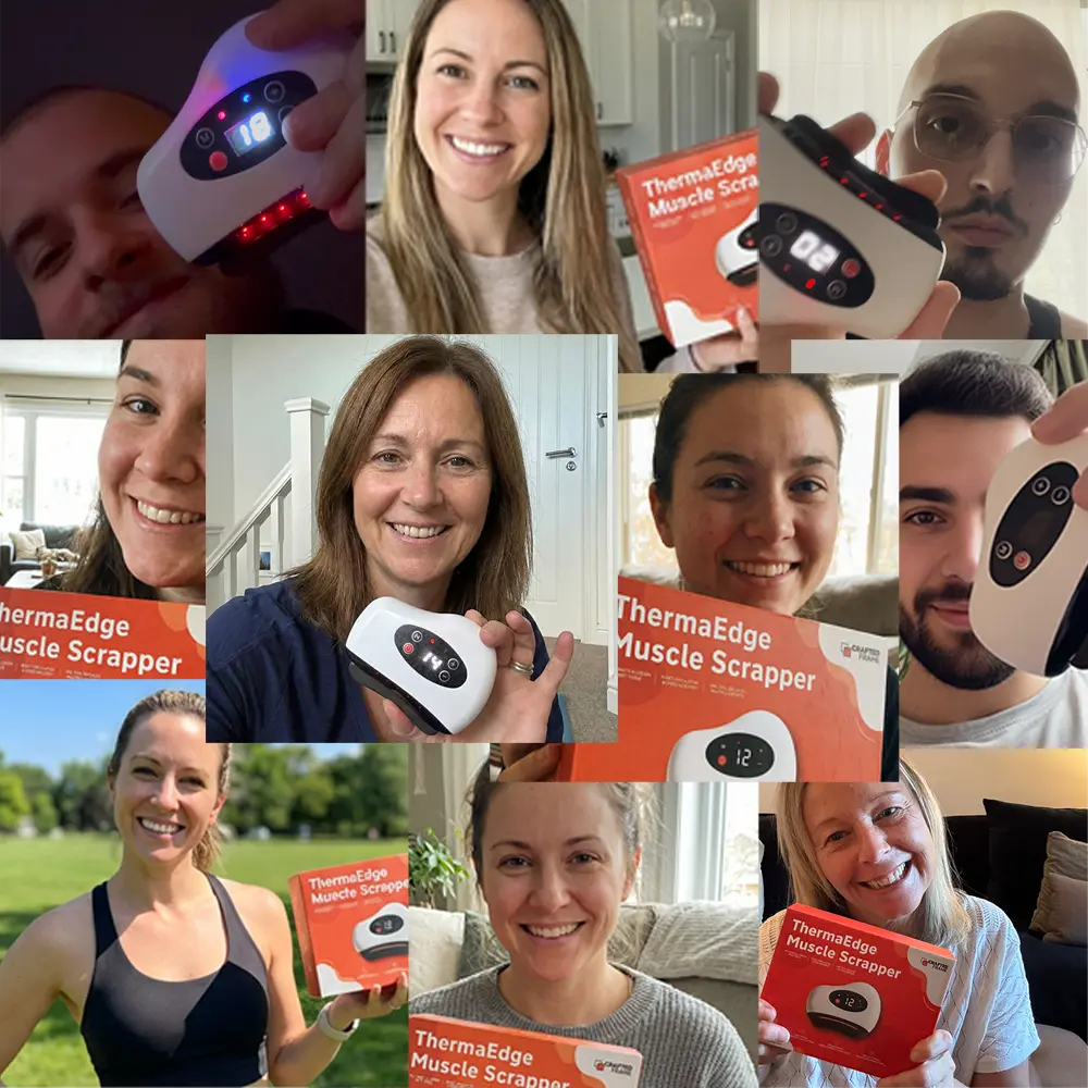 Collage of people holding a ThermaEdge Muscle Scraper and smiling.