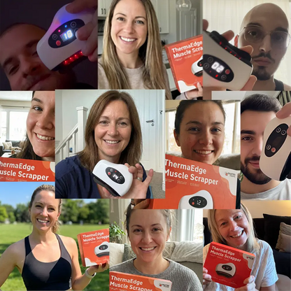 Collage of people holding a ThermaEdge Muscle Scraper and smiling.