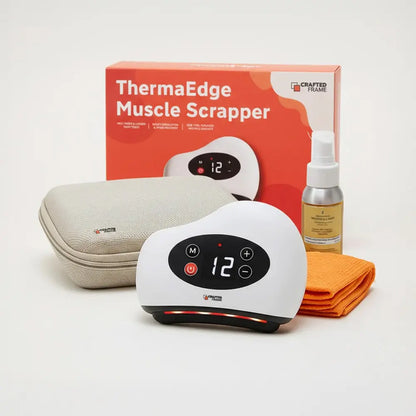 ThermaEdge Muscle Scraper set with packaging, case, towel, and spray bottle on a white background