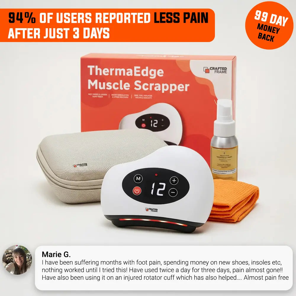 ThermaEdge Muscle Scraper set with packaging, spray bottle, and towel on a white background.